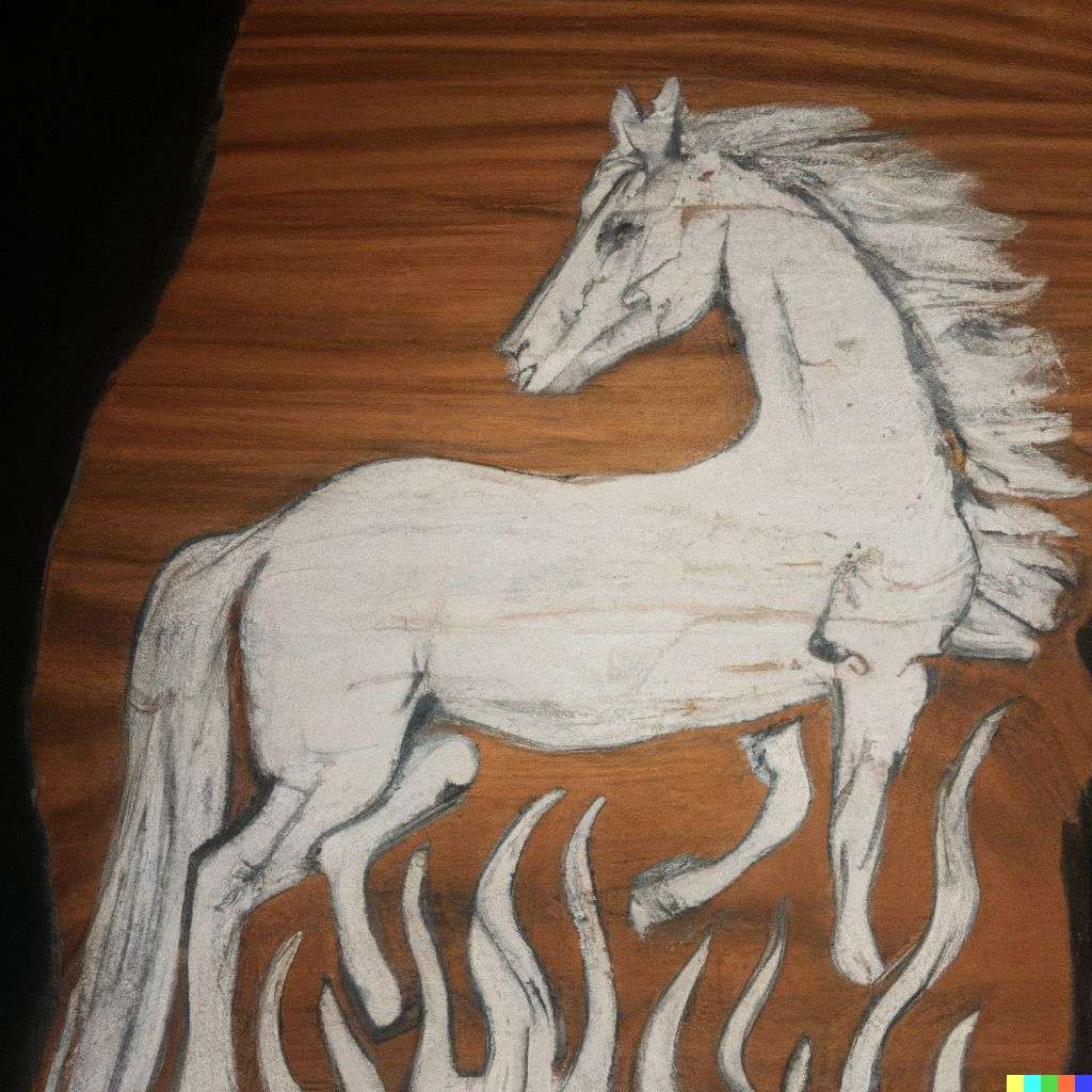 a horse, pyrography on a piece of wood
